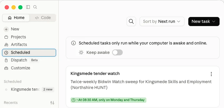 A scheduled task named Kingsmede tender watch, described as a twice-weekly Bidwin Watch sweep, set to run at 08:30 on Monday and Thursday.